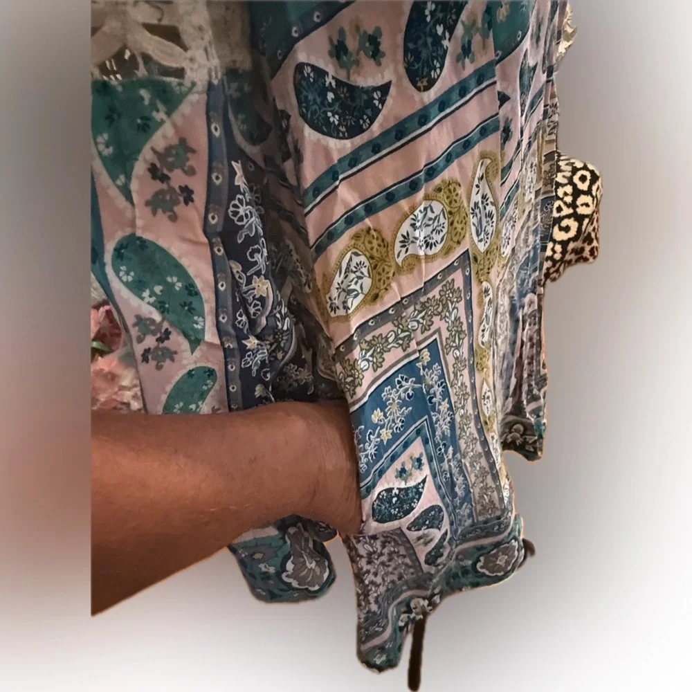 Umgee Boho Dress Size Small Bell Sleeve Paisley PocketsTassel Tie Back Beach - Picture 8 of 15